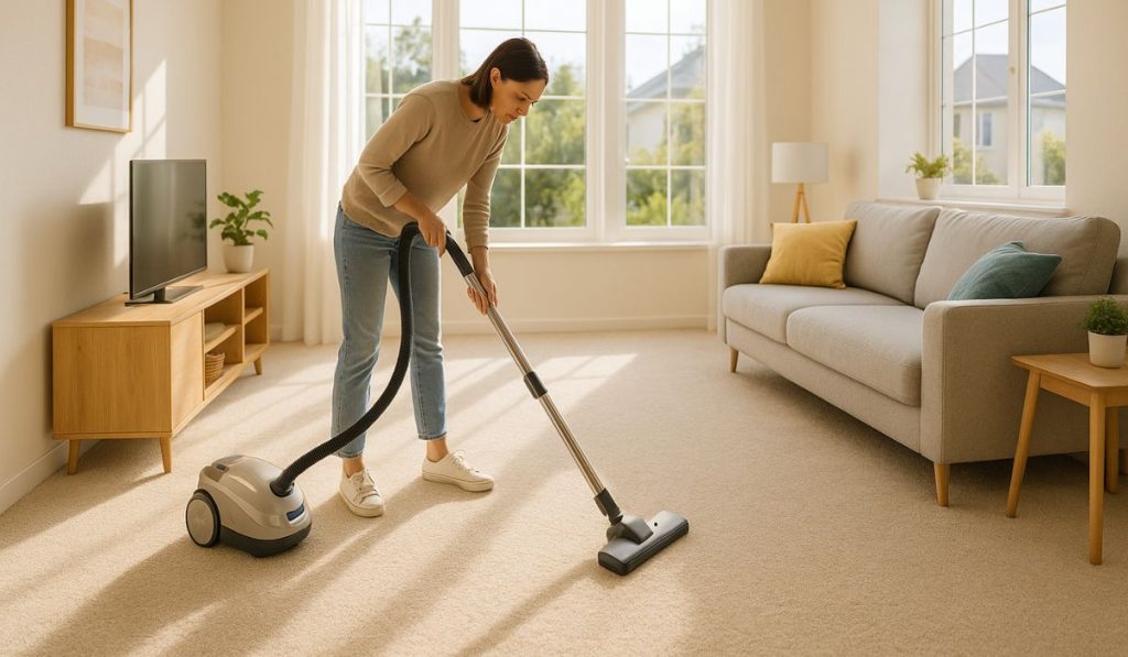 Bright modern living room with freshly cleaned carpet and a homeowner vacuuming near large sunlit windows.